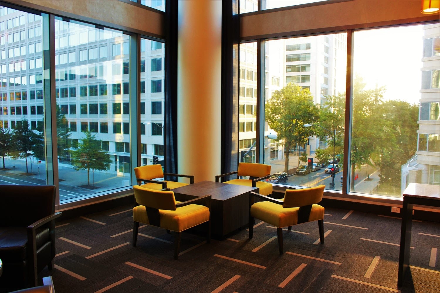 Large windows and coffee table