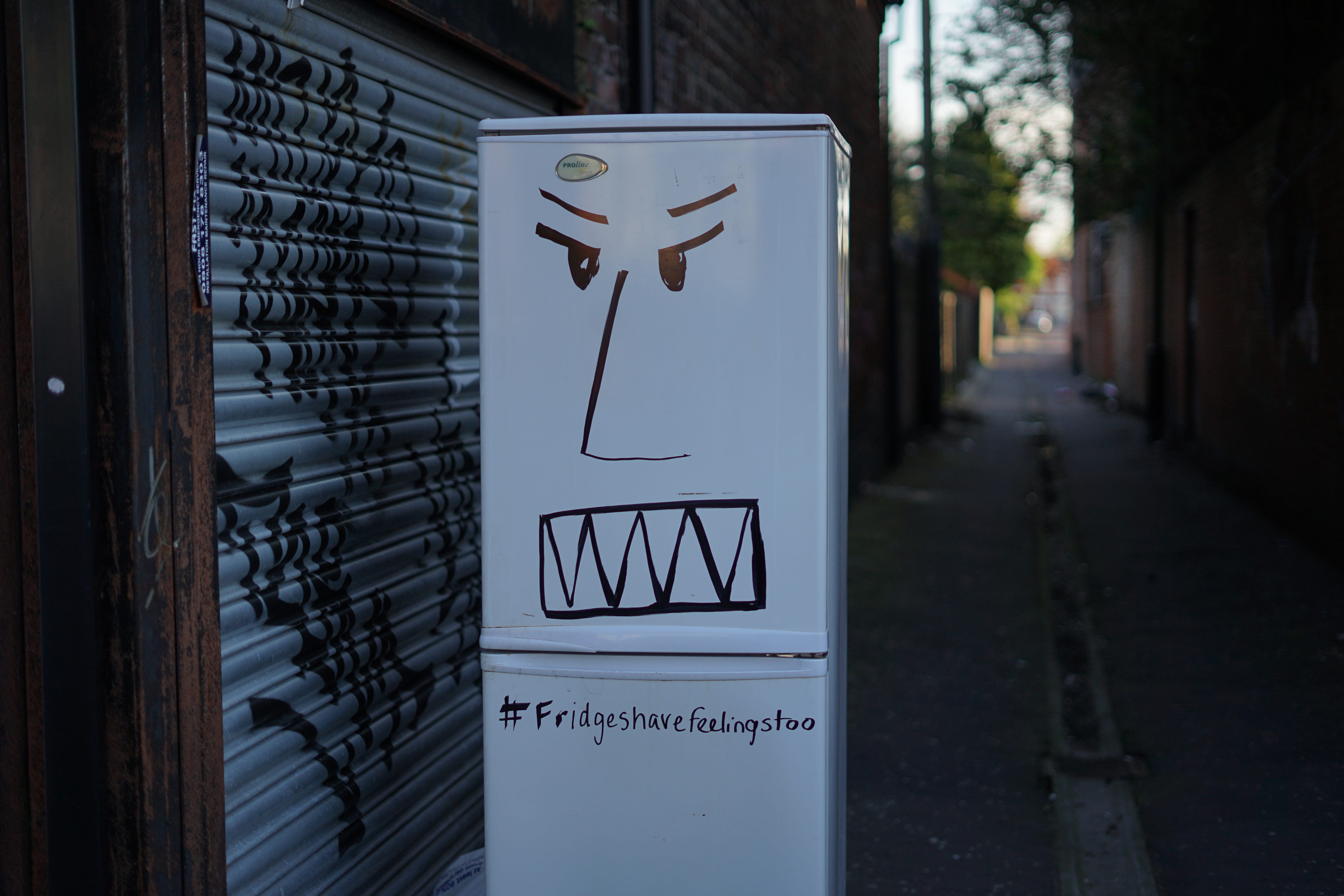 Angry face drawn on fridge